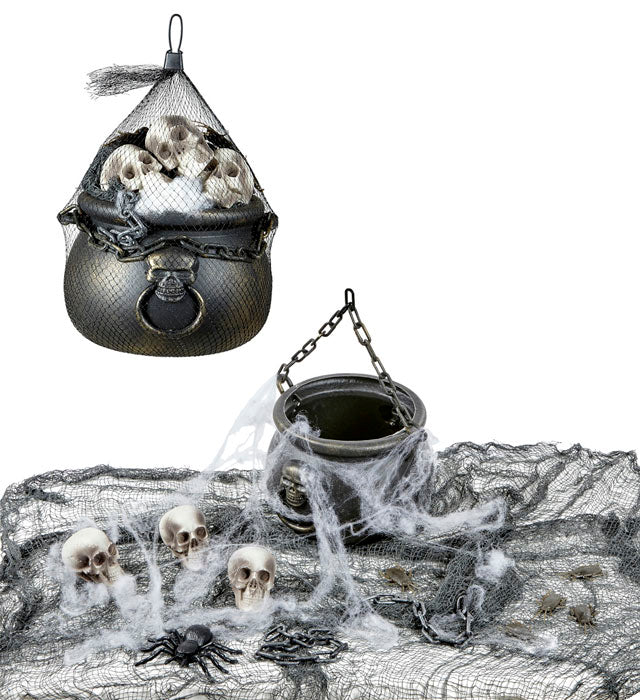 Halloween Decorative Set  Cauldron, 3 Skulls, Spiderweb & Spider, Chain And Freaky Fabric 