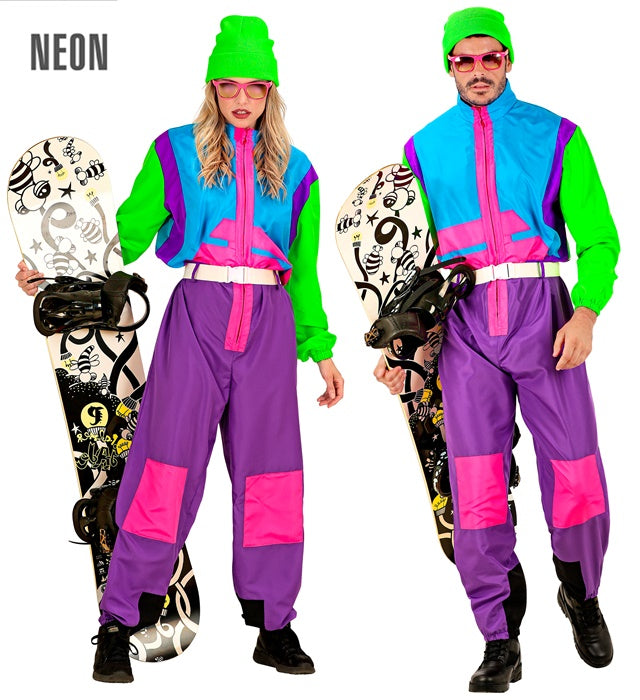 “Neon Purple-Azure-Green Ski Suit  Overalls, Belt 