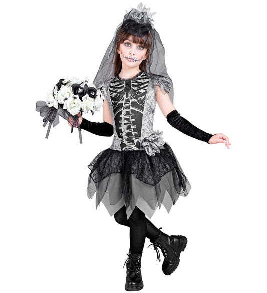 Skelebride  Dress, Fingerless Gloves, Bridal Veil 