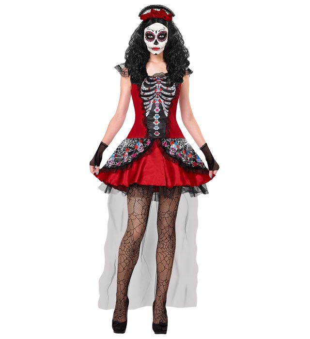 Mujer Dia De Los Muertos  Dress, Fingerless Gloves, Headpiece 