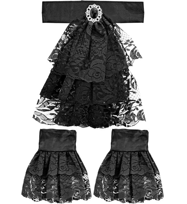Lace Jabot With Gem & Cuffs