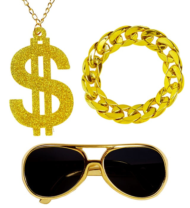 Pimp  Gold Sunglasses,  Gold Dollar Necklace, Gold Bracelet 