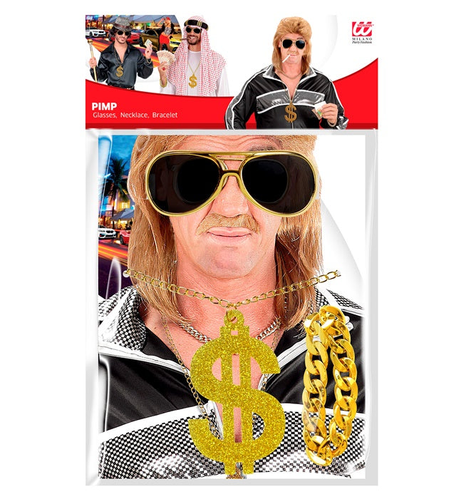 Pimp  Gold Sunglasses,  Gold Dollar Necklace, Gold Bracelet 