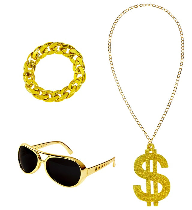 Pimp  Gold Sunglasses,  Gold Dollar Necklace, Gold Bracelet 