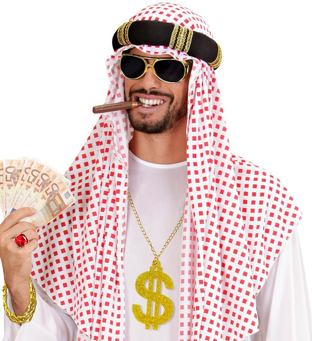 Pimp  Gold Sunglasses,  Gold Dollar Necklace, Gold Bracelet 
