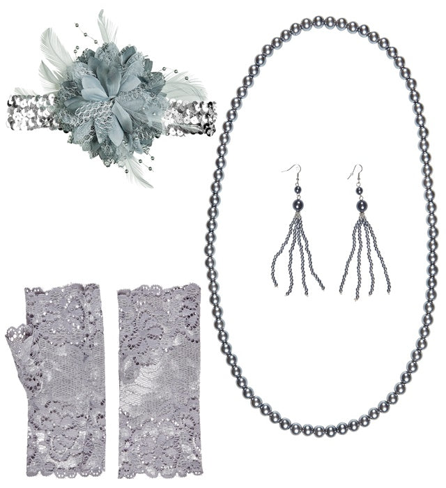 Roaring 20S Flapper  Sequin Headband With Flower, Pair Of Beaded Earrings, Beaded Necklace, Pair Of Fingerless Lace Gloves 
