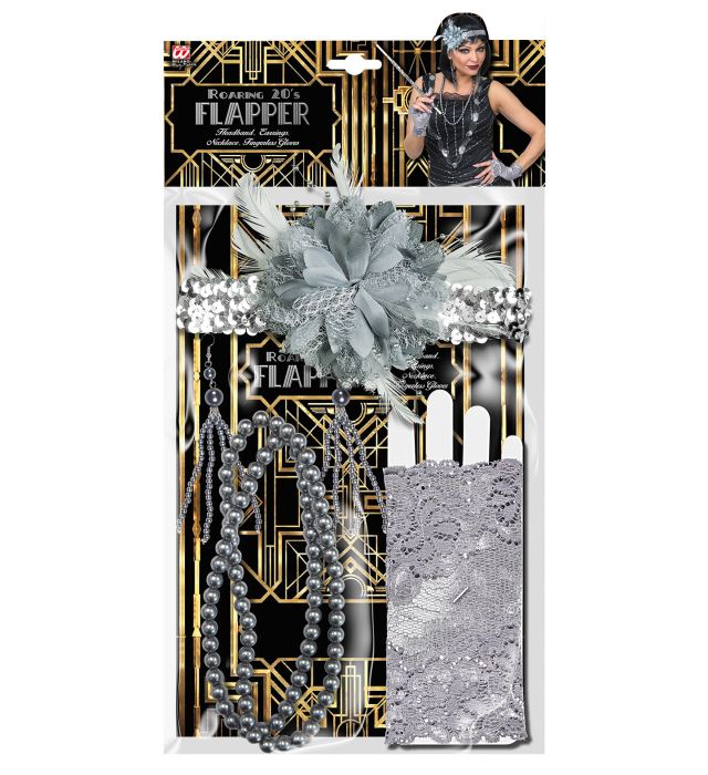 Roaring 20S Flapper  Sequin Headband With Flower, Pair Of Beaded Earrings, Beaded Necklace, Pair Of Fingerless Lace Gloves 