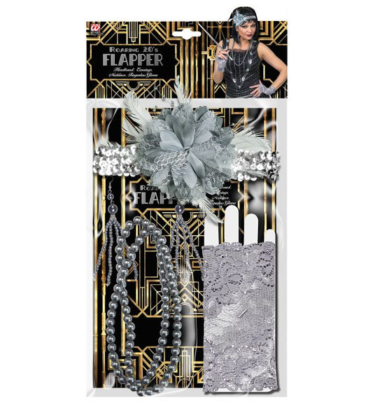 Roaring 20S Flapper  Sequin Headband With Flower, Pair Of Beaded Earrings, Beaded Necklace, Pair Of Fingerless Lace Gloves 