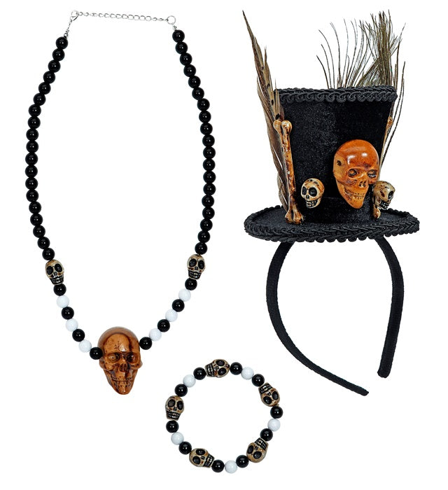 Voodoo Priest  Mini Top Hat, Beaded Skulls Necklace, Beaded Skulls Bracelet 