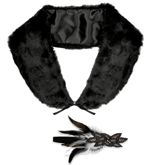 Roaring 20S Flapper  Faux Fur Stole, Sequin & Feathers Headpiece 
