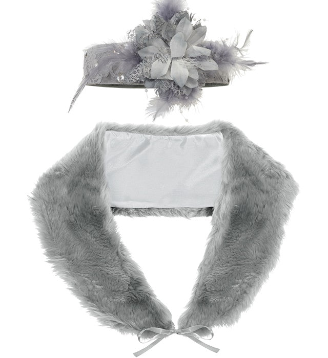 Roaring 20S Flapper  Faux Fur Stole, Lace Headpiece With Flower 