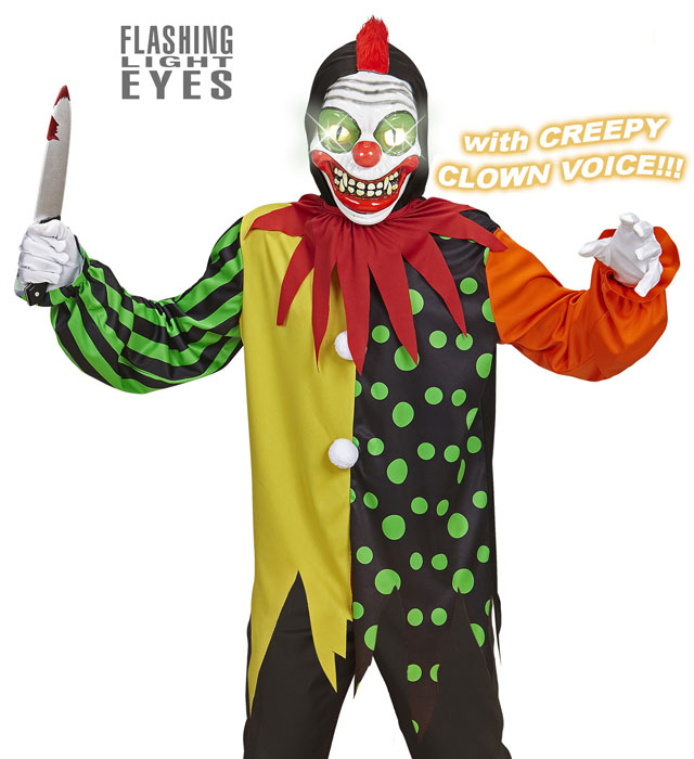 Horror Clown  Hooded Coat, Collar, Mask With Flashing Light Eyes & 3 Evil Clown Voice Sounds 