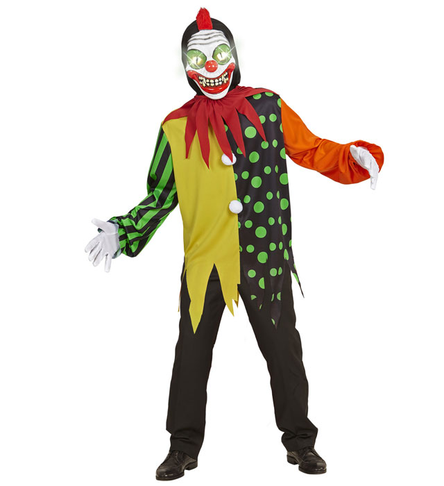 Horror Clown  Hooded Coat, Collar, Mask With Flashing Light Eyes & 3 Evil Clown Voice Sounds 