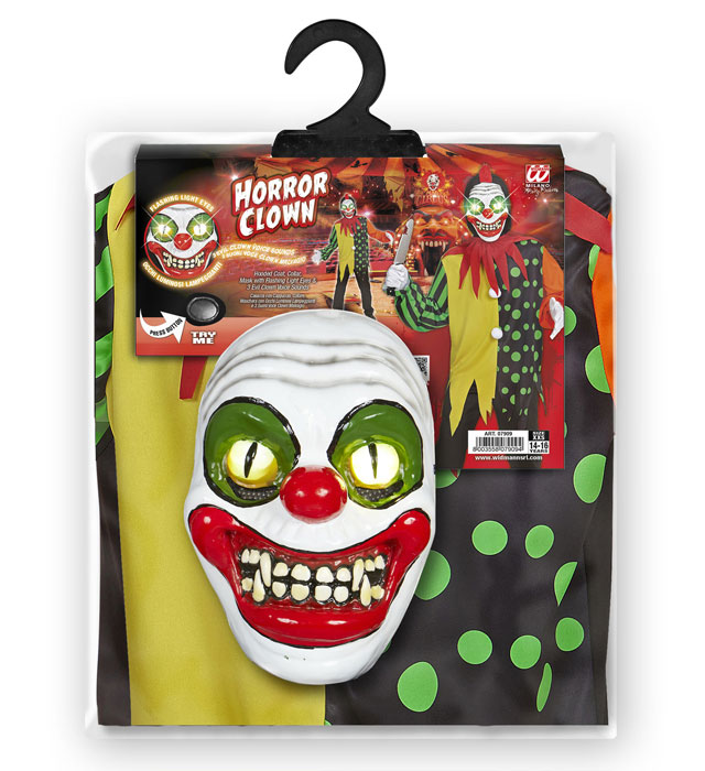 Horror Clown  Hooded Coat, Collar, Mask With Flashing Light Eyes & 3 Evil Clown Voice Sounds 