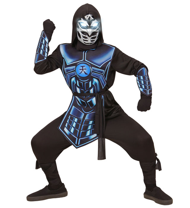 Cyber Ninja  Hooded Coat, Tabard, Belt, Arm Guards, Mask With Flashing Light Eyes & 3 Robot Voice Sounds 