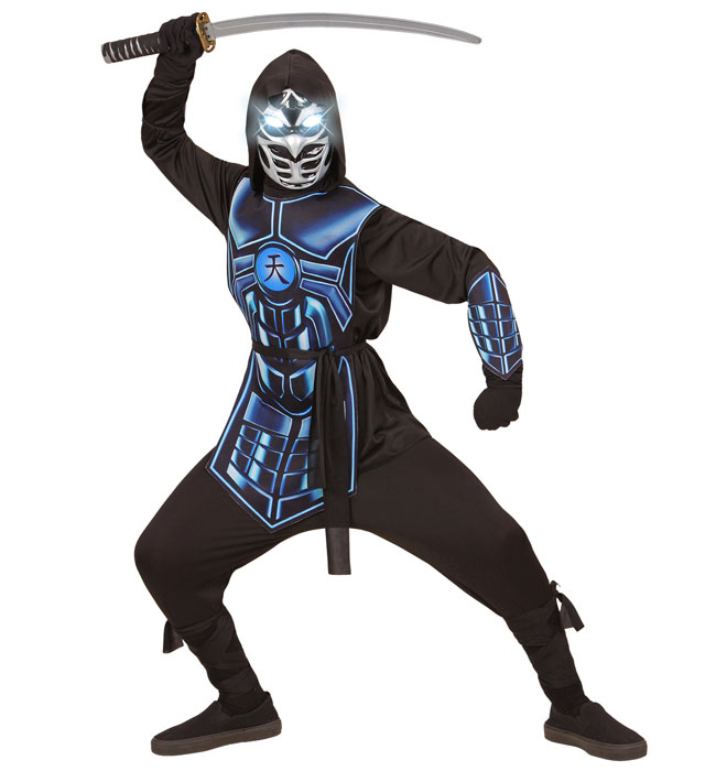 Cyber Ninja  Hooded Coat, Tabard, Belt, Arm Guards, Mask With Flashing Light Eyes & 3 Robot Voice Sounds 