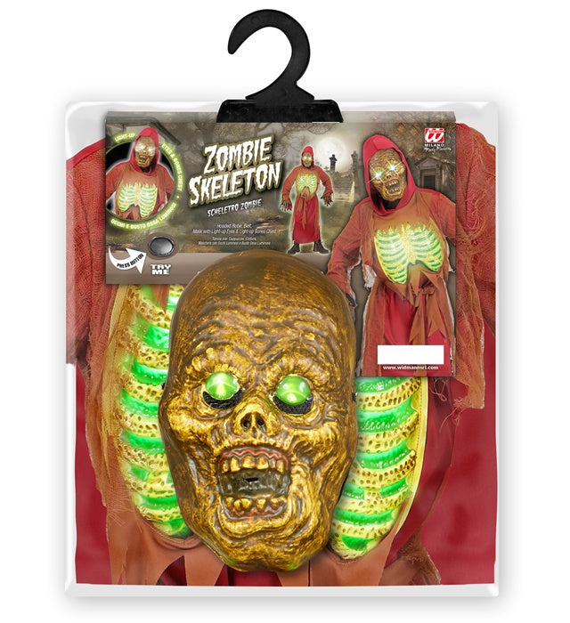 Zombie Skeleton  Hooded Robe, Belt, Light-Up Mask & Bones Chest 