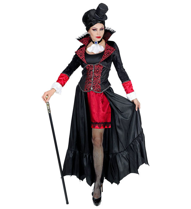 Vampiress  Dress With Long Coat, Choker With Jabot, Mini Top Hat 