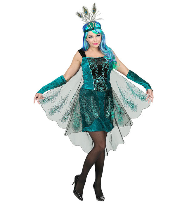 Peacock  Dress With Peacock Tail Veils, Arm Warmers, Headpiece 