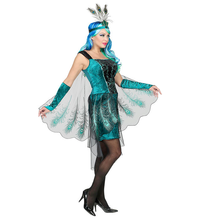 Peacock  Dress With Peacock Tail Veils, Arm Warmers, Headpiece 