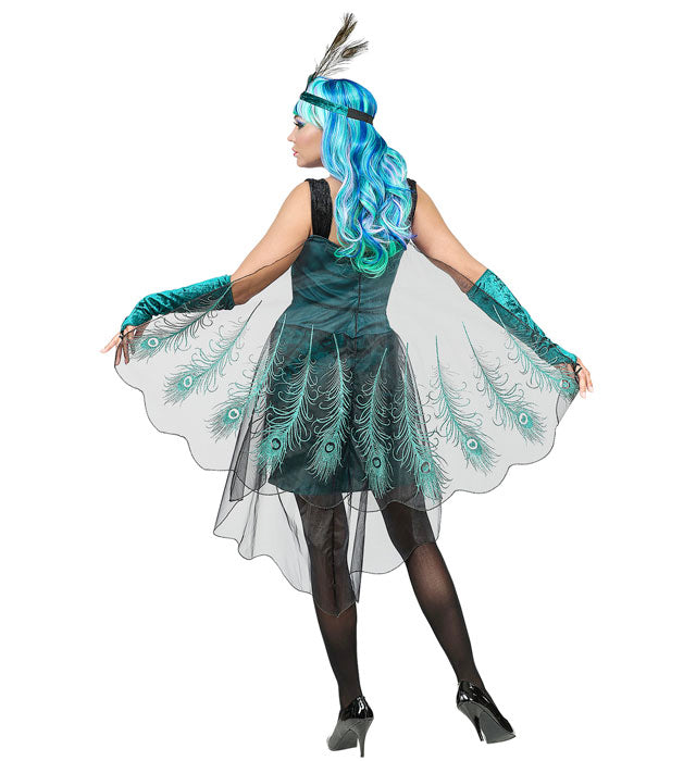 Peacock  Dress With Peacock Tail Veils, Arm Warmers, Headpiece 