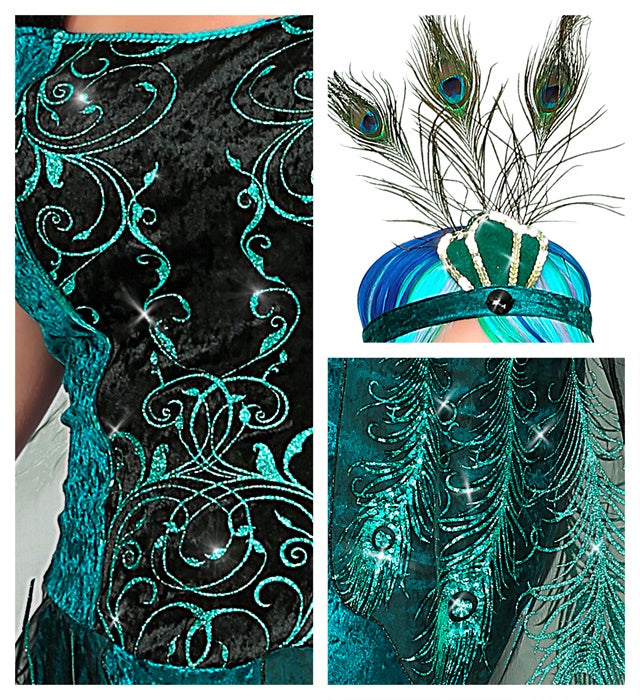Peacock  Dress With Peacock Tail Veils, Arm Warmers, Headpiece 