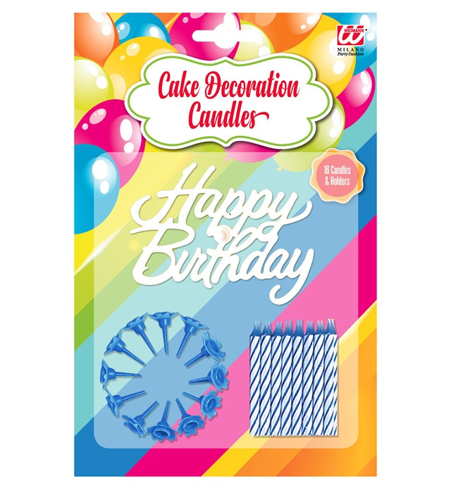 Set Of 16 Happy Birthday Cake Decoration Candles & Holders Blue