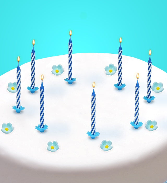 Set Of 16 Happy Birthday Cake Decoration Candles & Holders Blue