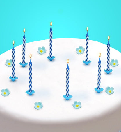 Set Of 16 Happy Birthday Cake Decoration Candles & Holders Blue