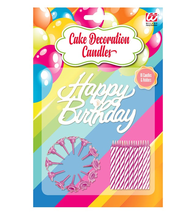 Set Of 16 Happy Birthday Cake Decoration Candles & Holder Pink