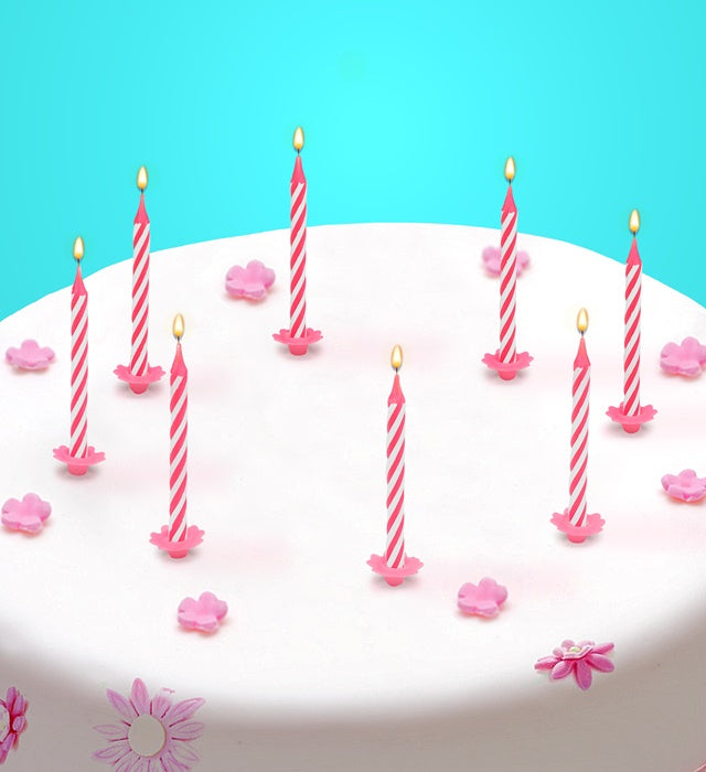 Set Of 16 Happy Birthday Cake Decoration Candles & Holder Pink