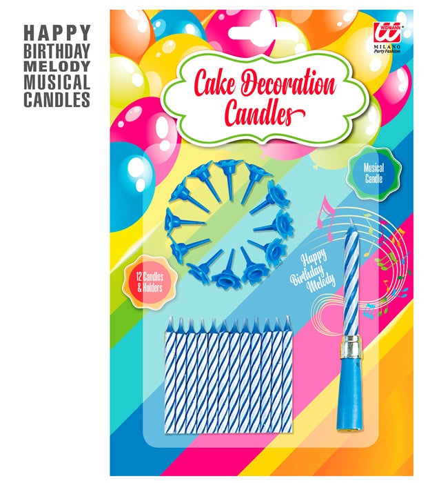 Set Of 12 Candles & Holders + 1 Musical Candle Blue