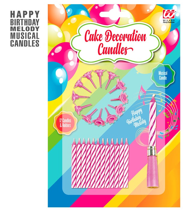 Set Of 12 Candles & Holders + 1 Musical Candle Pink