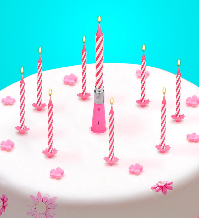 Set Of 12 Candles & Holders + 1 Musical Candle Pink