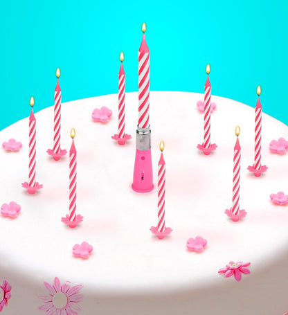 Set Of 12 Candles & Holders + 1 Musical Candle Pink