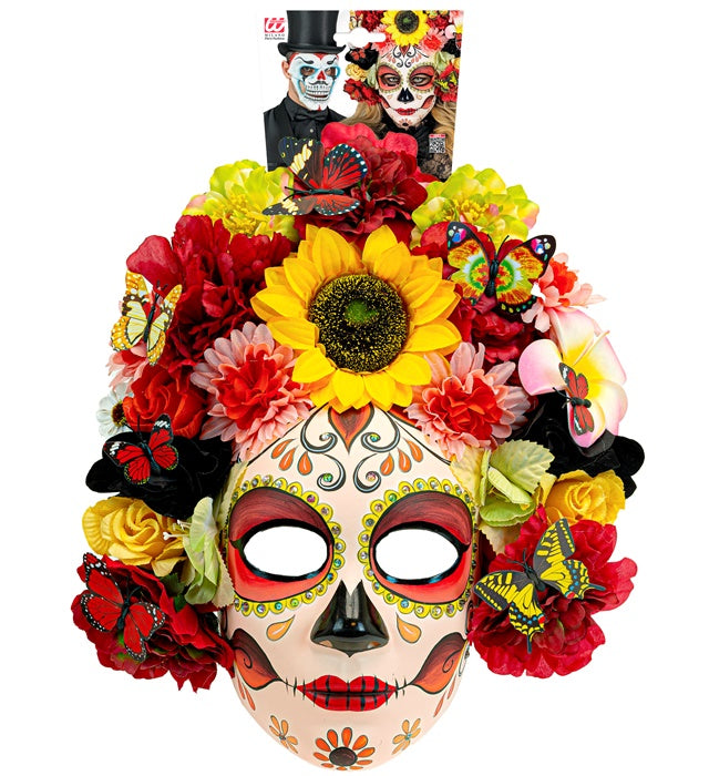 Dia De Los Muertos Mask With Sunflower & Colored Flowers