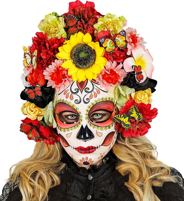 Dia De Los Muertos Mask With Sunflower & Colored Flowers