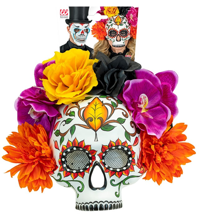 Dia De Los Muertos Skull Mask With Colored Flowers