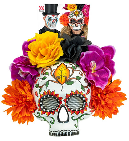 Dia De Los Muertos Skull Mask With Colored Flowers