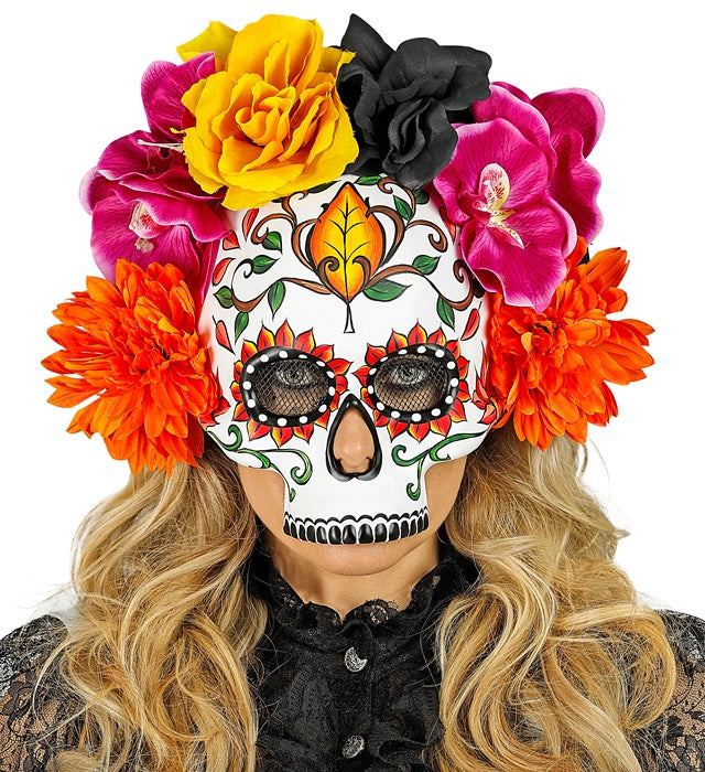 Dia De Los Muertos Skull Mask With Colored Flowers