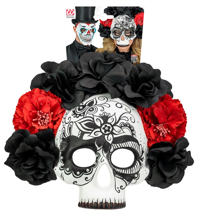 Dia De Los Muertos Skull Mask With Black & Red Roses