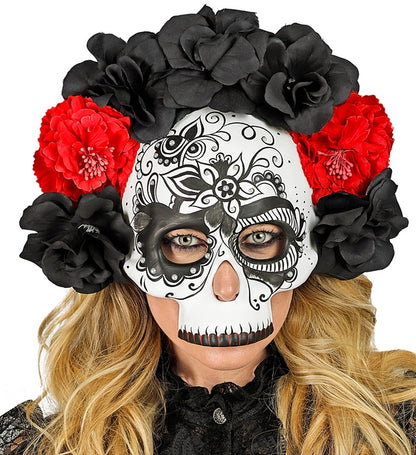 Dia De Los Muertos Skull Mask With Black & Red Roses