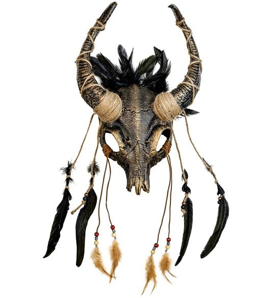 Shaman Bull Skull Mask With Feathers