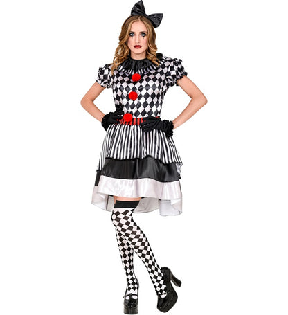 Vintage Clown  Dress With Ruff, Bow Headband, Gloves 