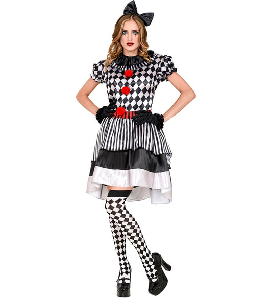 Vintage Clown  Dress With Ruff, Bow Headband, Gloves 