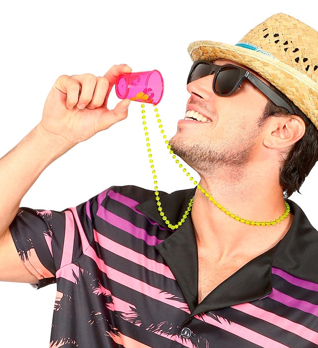 Neon Pink Hibiscus Shot Glass Beaded Necklace