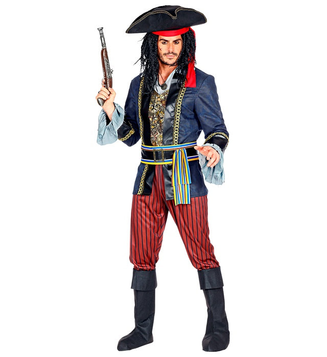 Pirate Captain  Coat With Vest & Shirt, Pants, Belt With Buckle & Sash, Boot Covers, Hat With Bandana 