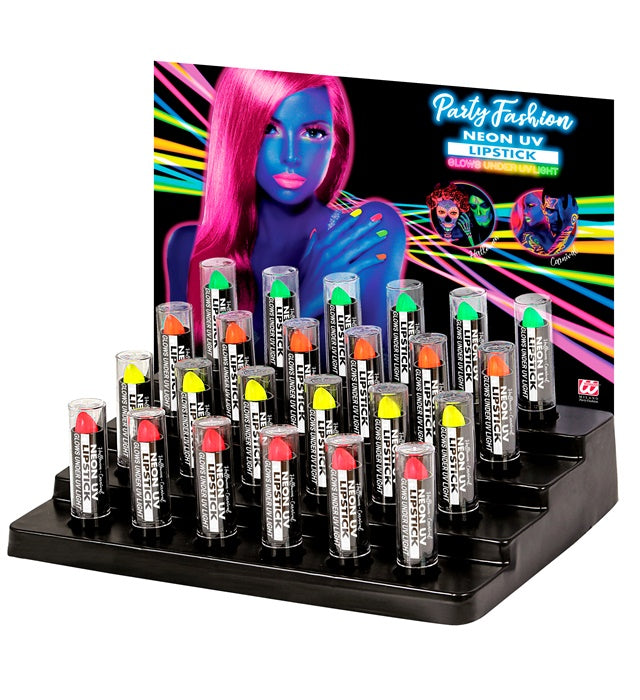 Display Box Of 24 Neon Lipsticks 6 Ml -  6 Each Of Neon Pink, Neon Yellow, Neon Green, Neon Orange 