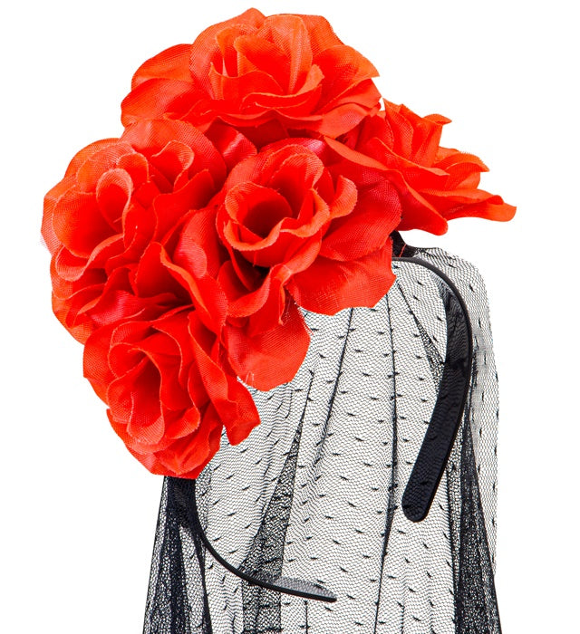 Black Veil With Red Roses Headpiece