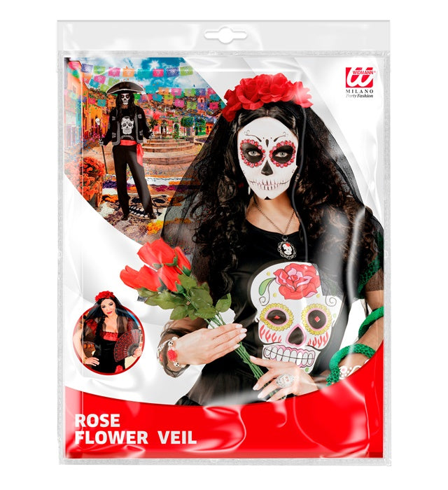 Black Veil With Red Roses Headpiece